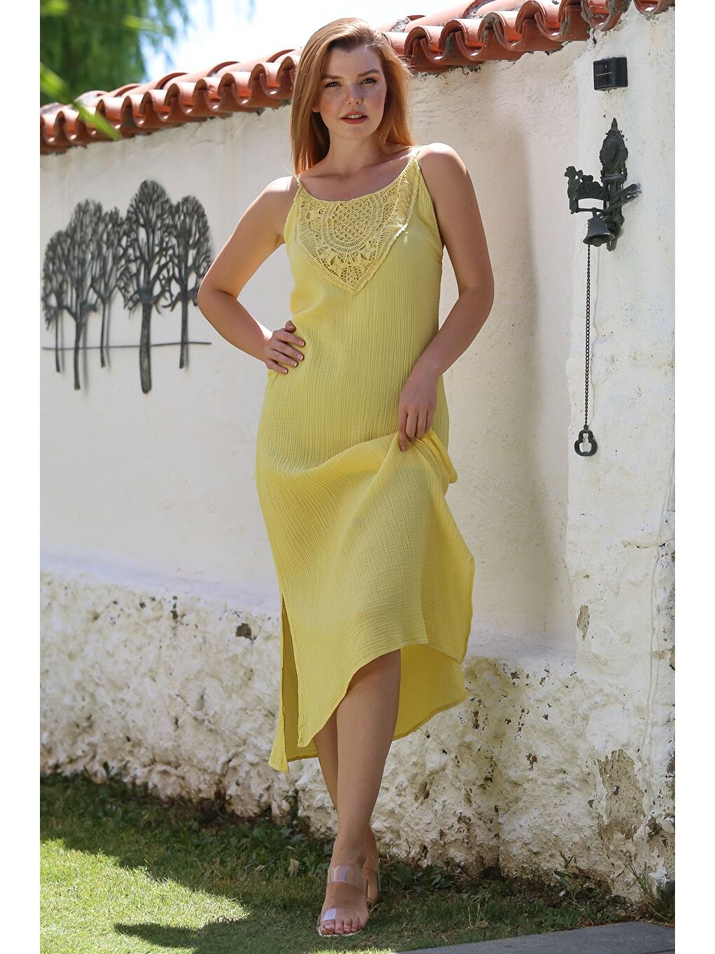 Sarı Açık Limon Askılı Yırtmaçlı Dantelli Casual Müslin Uzun Dokuma Elbise 128 55-3
