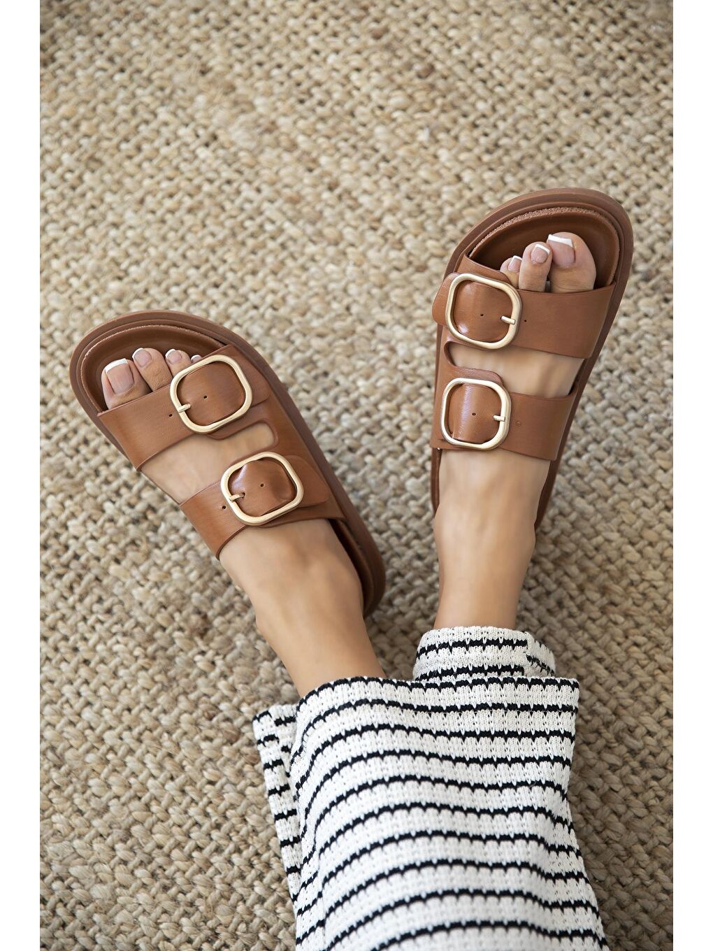 Kahverengi Mecy Kadın  Toka  Detay Deri  Günlük  Konfor Terlik Taba-1