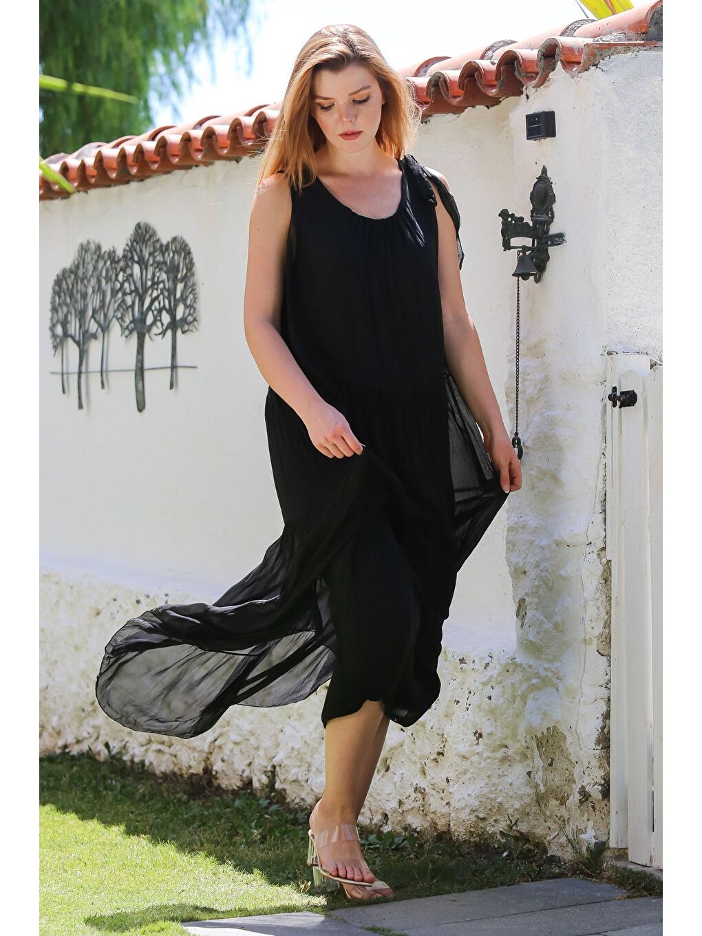 İtalyan Siyah Havuz Yaka Kolsuz Bağlamalı Astarlı Casual İpek Dokuma Elbise 130 65-7