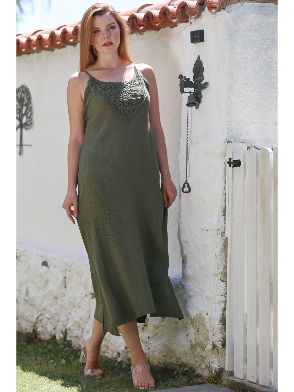 Haki Askılı Yırtmaçlı Dantelli Casual Müslin Uzun Dokuma Elbise 128 55-6