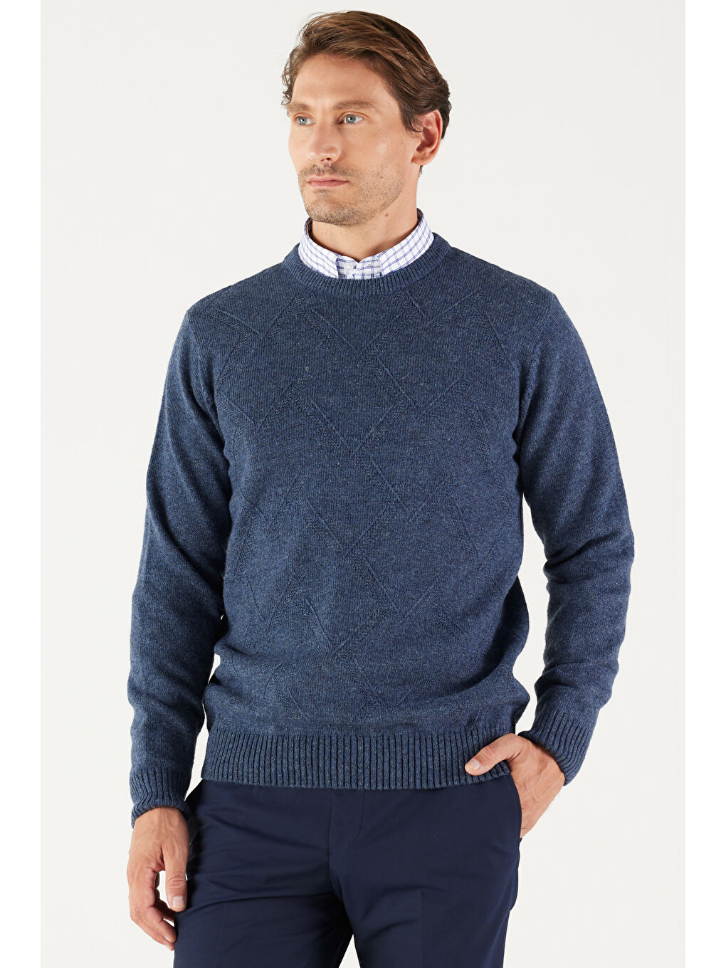 Erkek Havacı Mavi Standart Fit Normal Kesim Bisiklet Yaka Jakarlı Triko Kazak