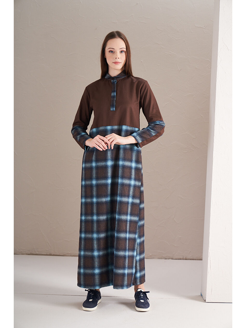 Karışık Blok Elbise Büyük Kareli Laci-1