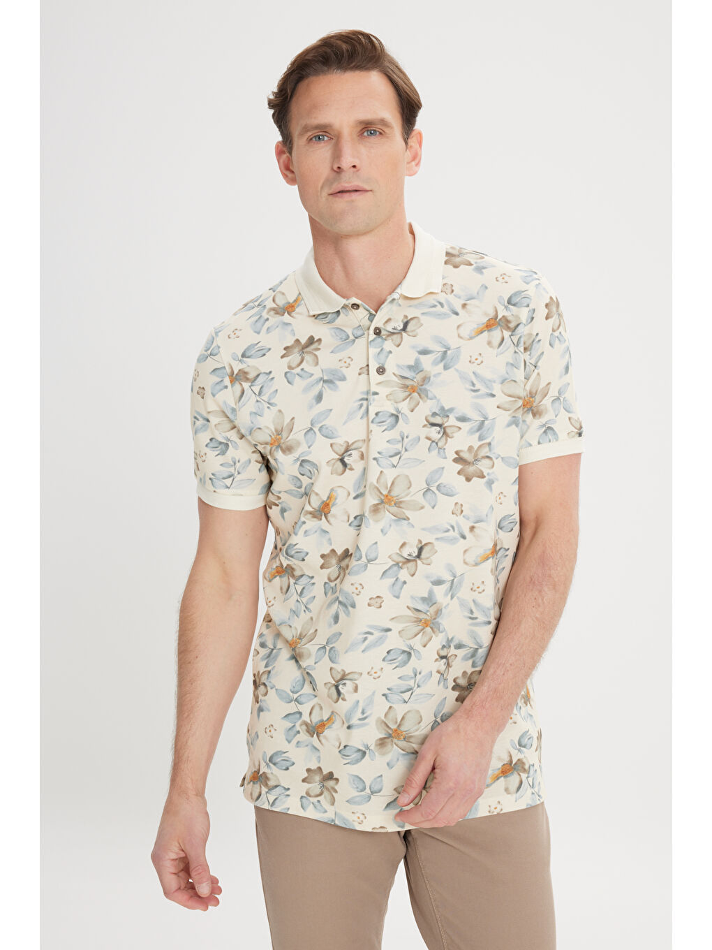 Erkek Bej-Vizon Slim Fit Dar Kesim %100 Pamuk Baskılı Polo Yaka Tişört-2