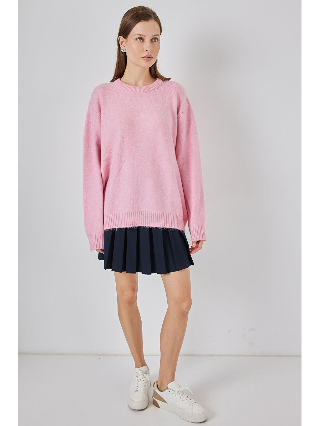 15895 Baklava Desenli Oversize Triko Kazak - A. Pembe-1