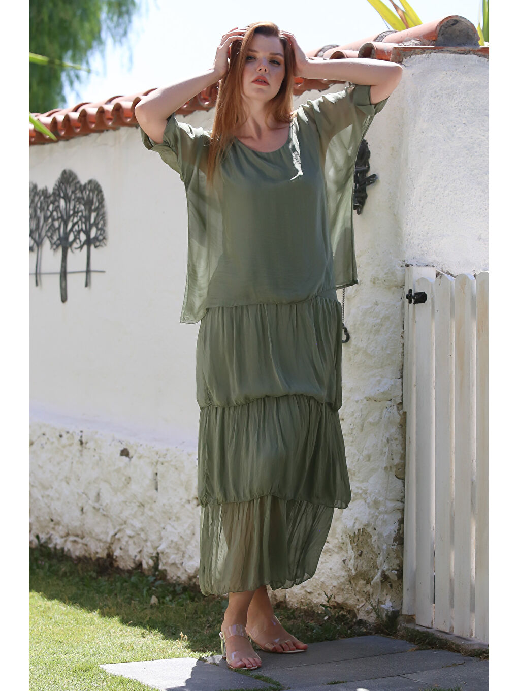 İtalyan Haki Havuz Yaka 3/4 Kol Astarlı Katlı Casual İpek Dokuma Elbise 130 60-1