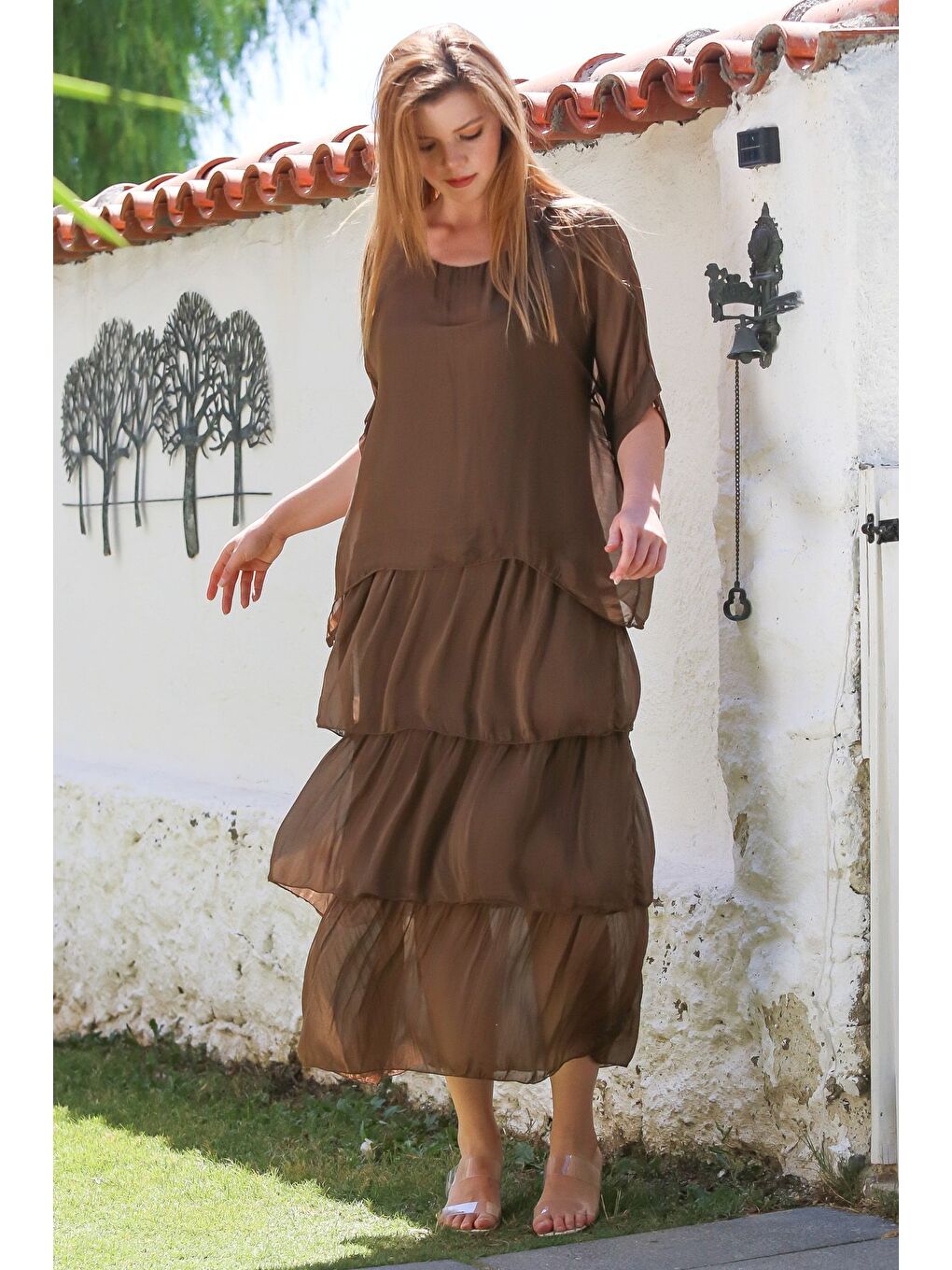 İtalyan Kahverengi Havuz Yaka 3/4 Kol Astarlı Katlı Casual İpek Dokuma Elbise 130 60-6