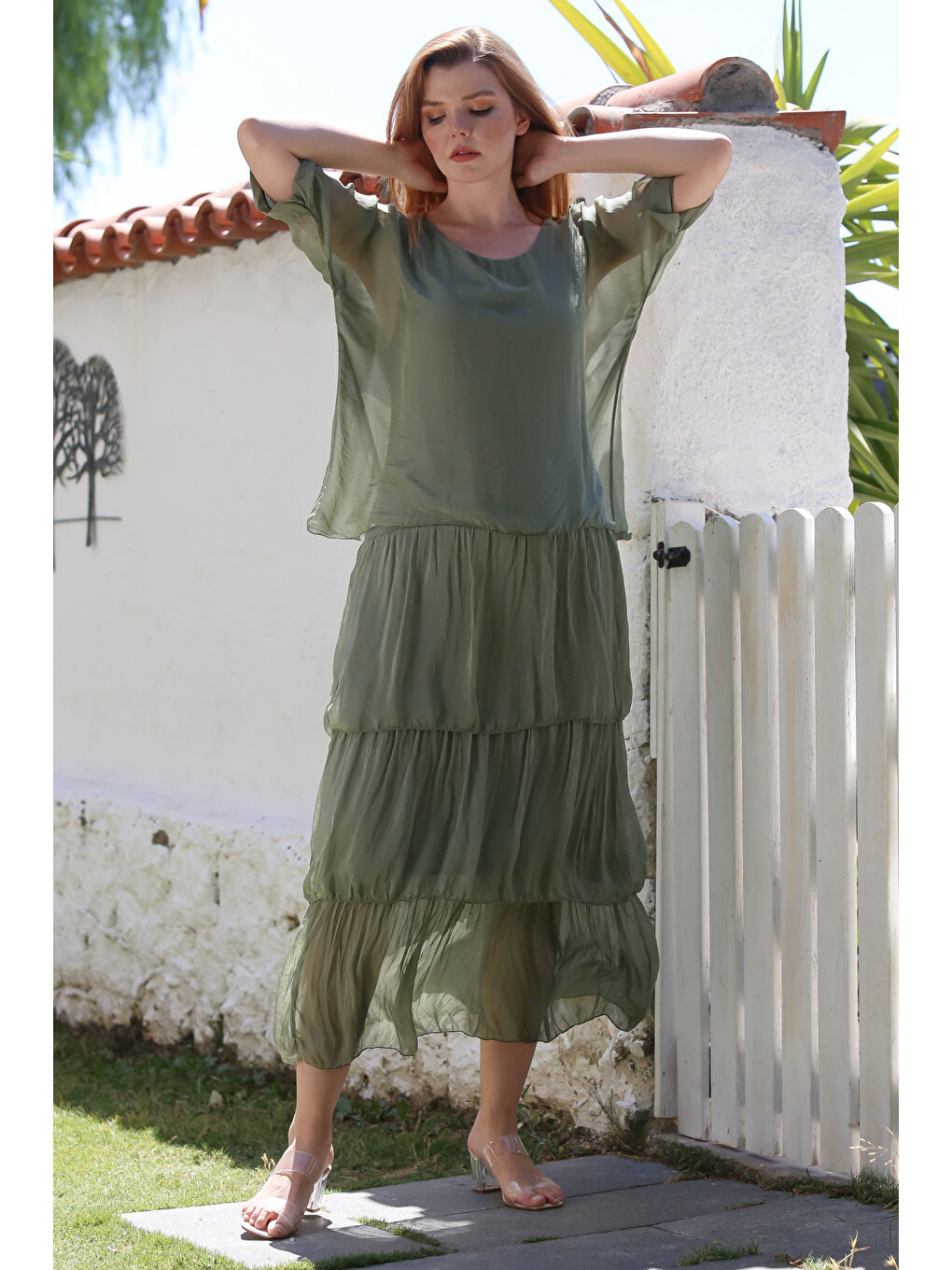 İtalyan Haki Havuz Yaka 3/4 Kol Astarlı Katlı Casual İpek Dokuma Elbise 130 60-2