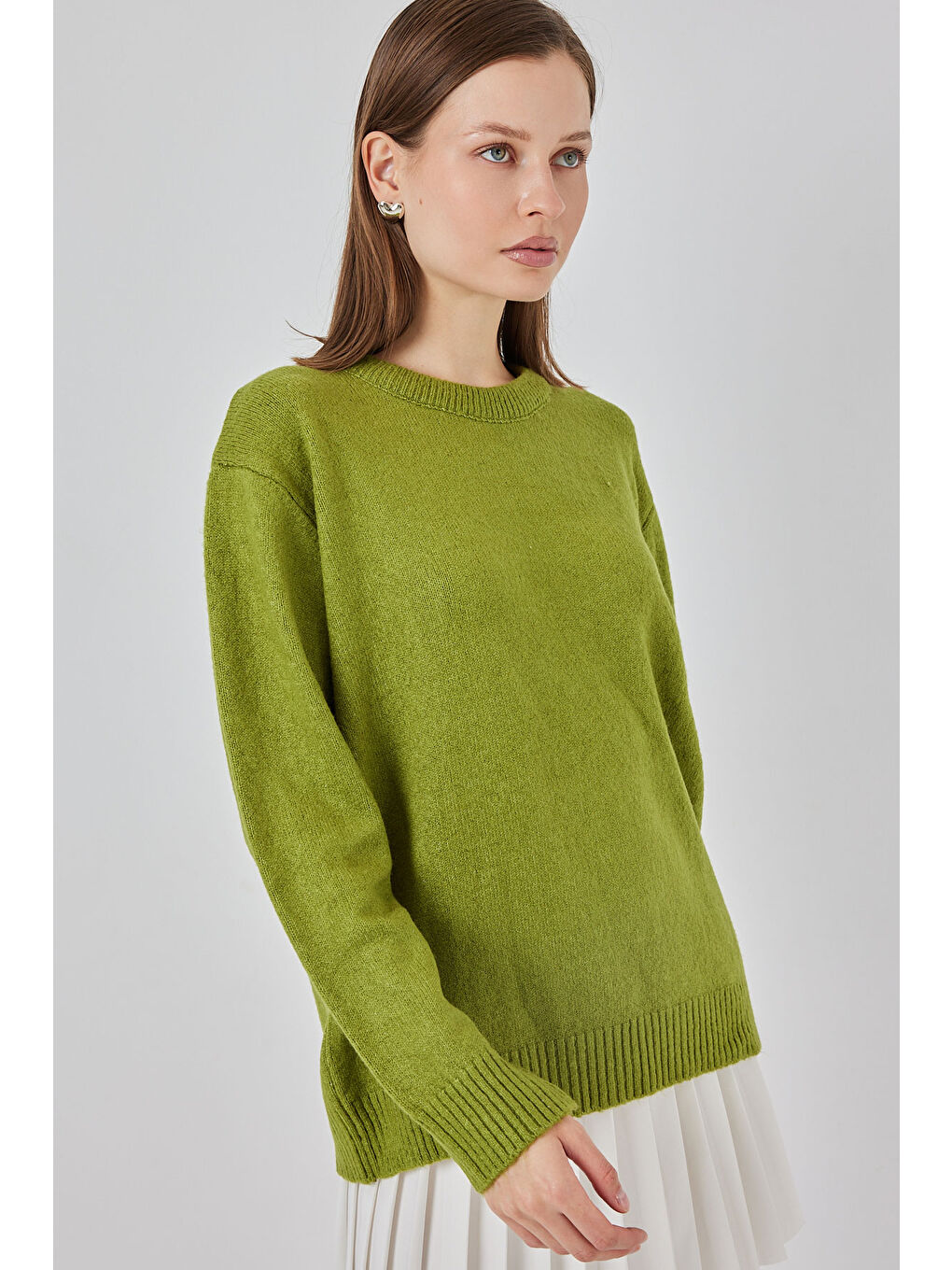 15895 Baklava Desenli Oversize Triko Kazak - D.Yeşil-1