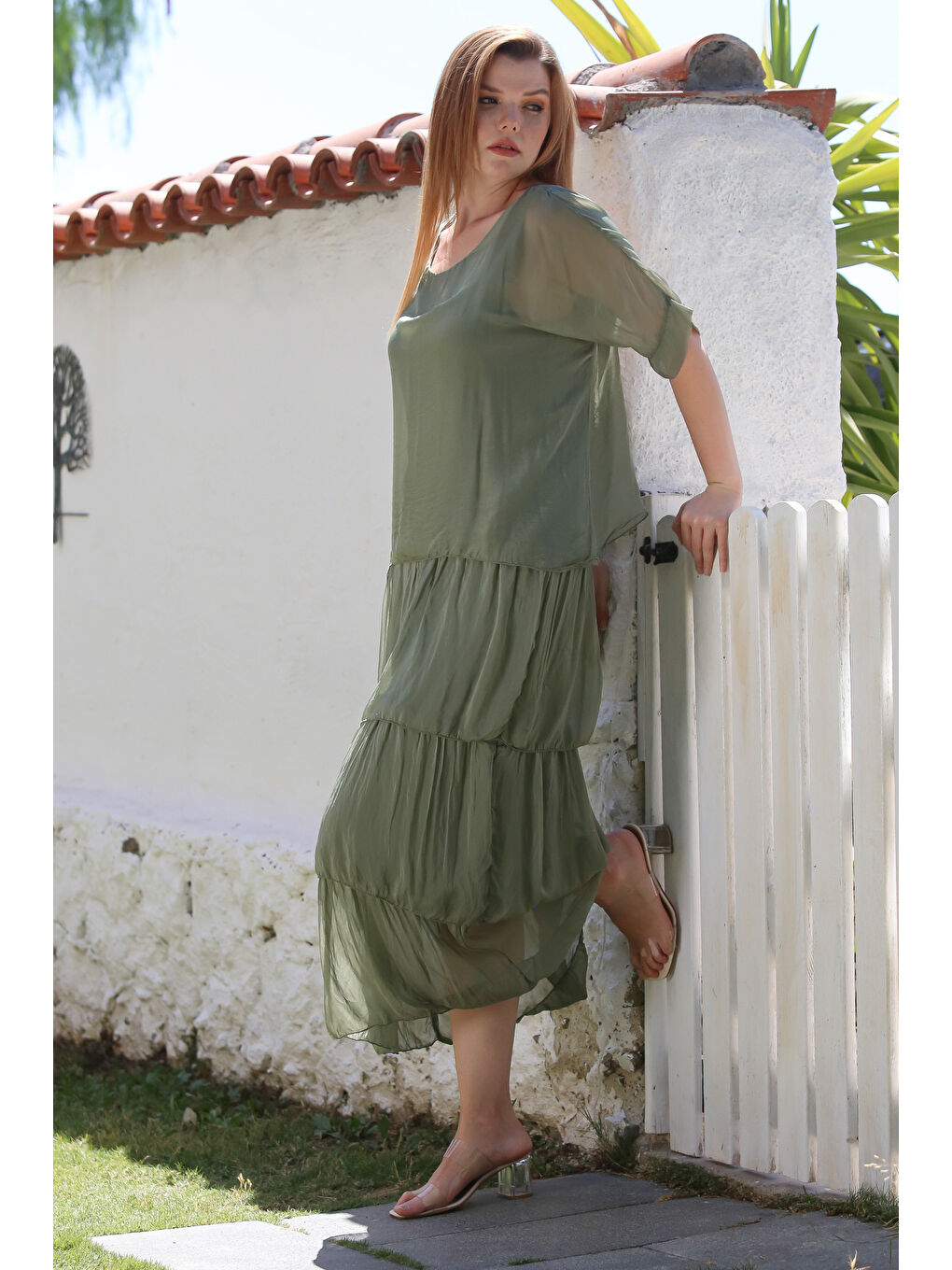 İtalyan Haki Havuz Yaka 3/4 Kol Astarlı Katlı Casual İpek Dokuma Elbise 130 60-3