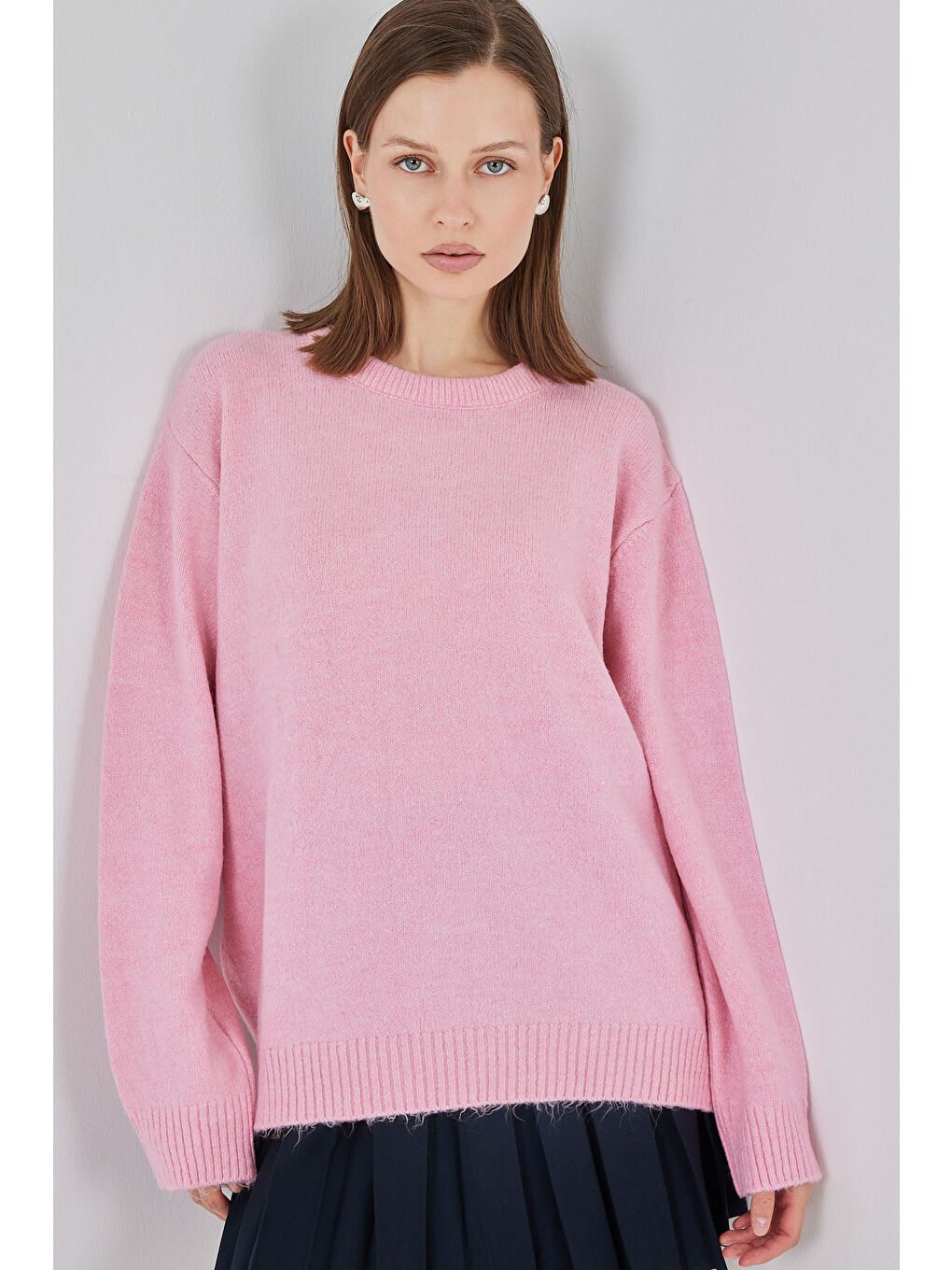 15895 Baklava Desenli Oversize Triko Kazak - A. Pembe-3