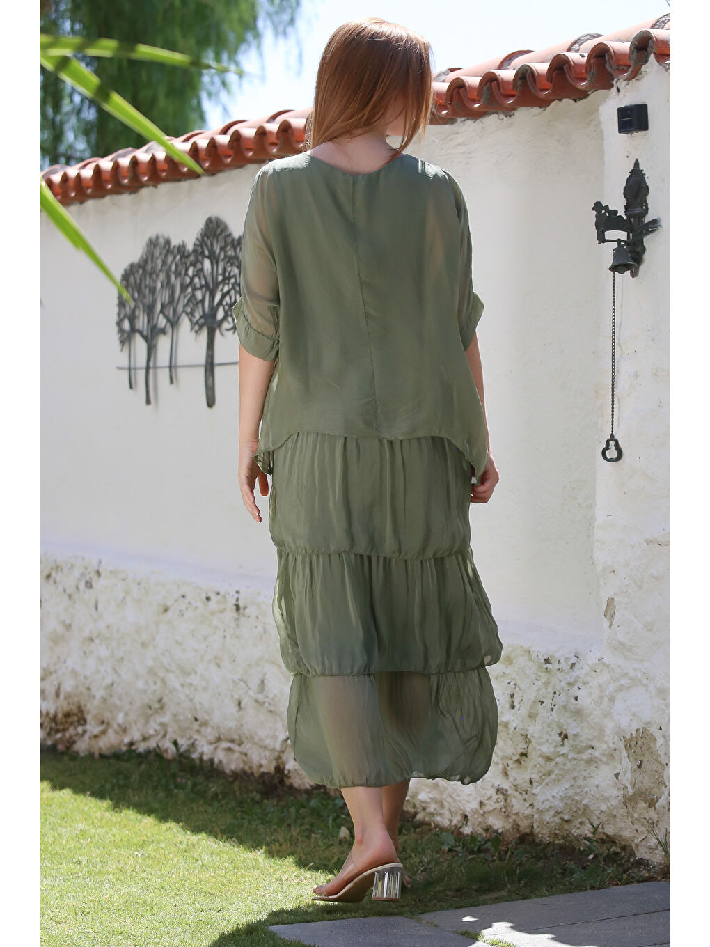 İtalyan Haki Havuz Yaka 3/4 Kol Astarlı Katlı Casual İpek Dokuma Elbise 130 60-4