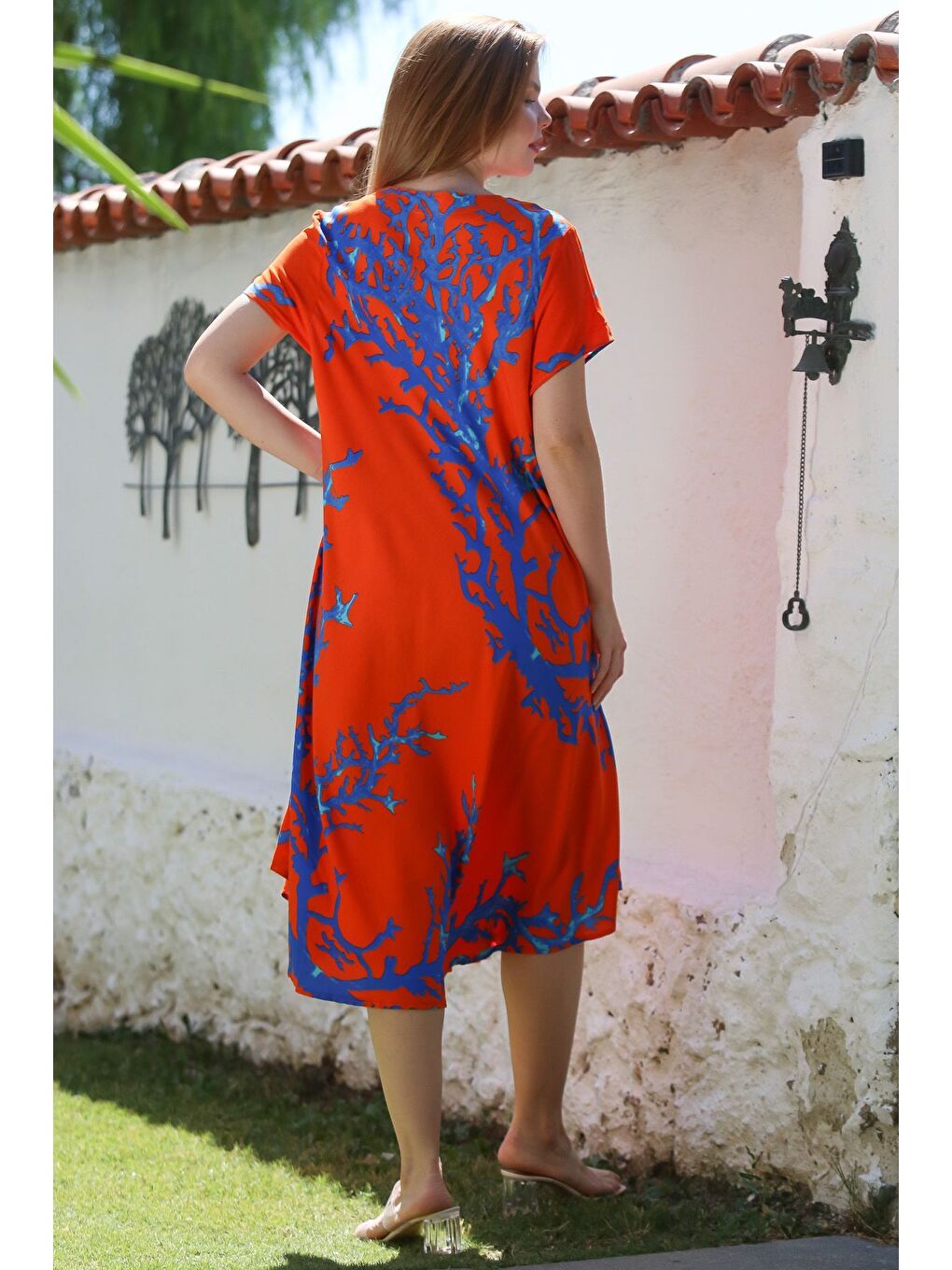 Turuncu-Mavi V Yaka Kısa Kol Desenli Casual Viskon Dokuma Elbise 120 65-1
