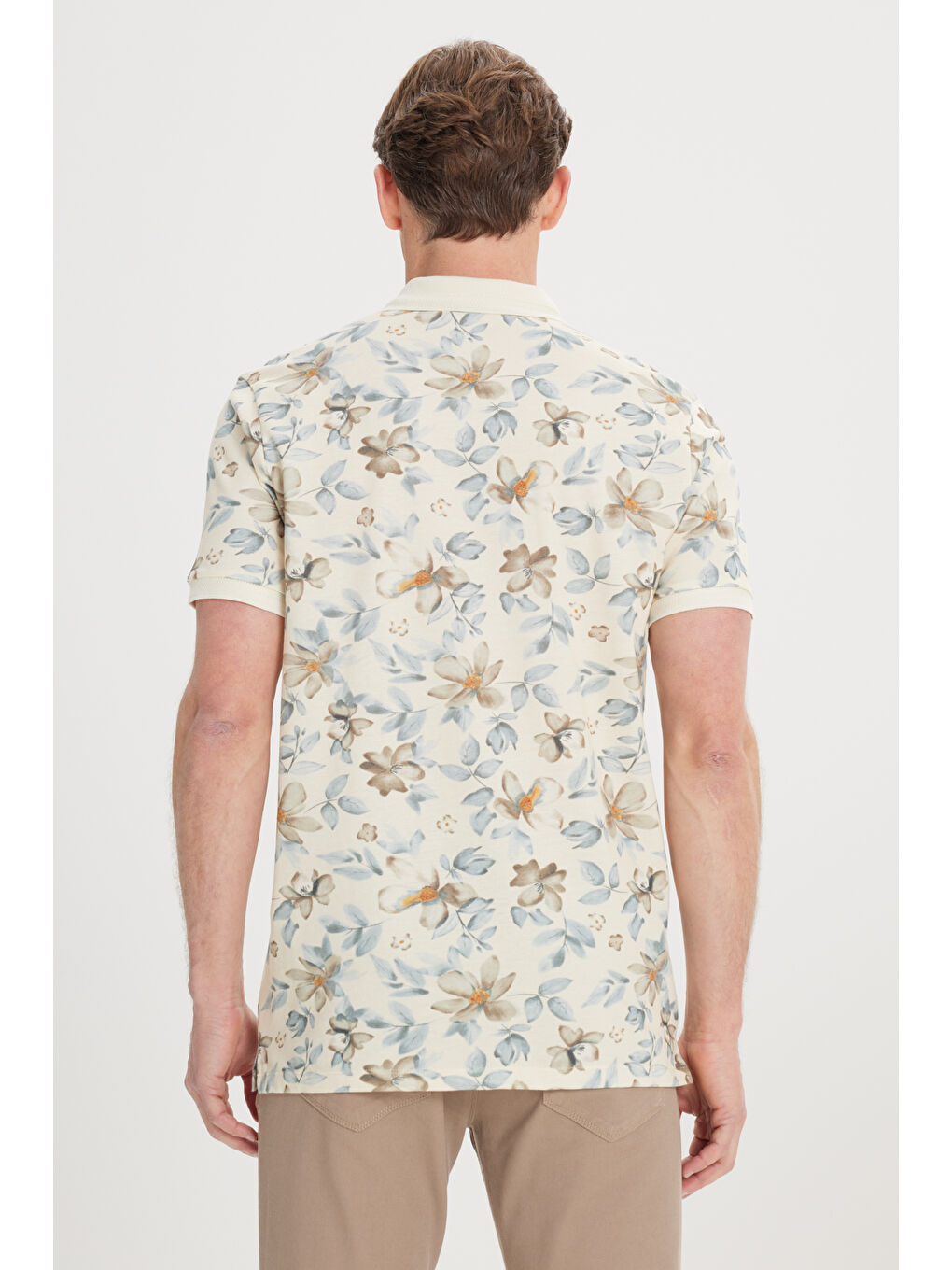 Erkek Bej-Vizon Slim Fit Dar Kesim %100 Pamuk Baskılı Polo Yaka Tişört-4