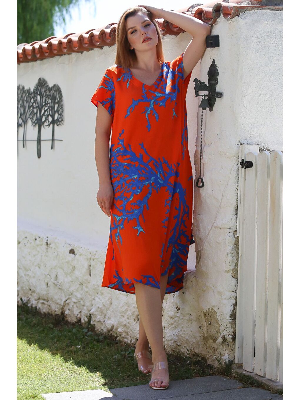 Turuncu-Mavi V Yaka Kısa Kol Desenli Casual Viskon Dokuma Elbise 120 65-2