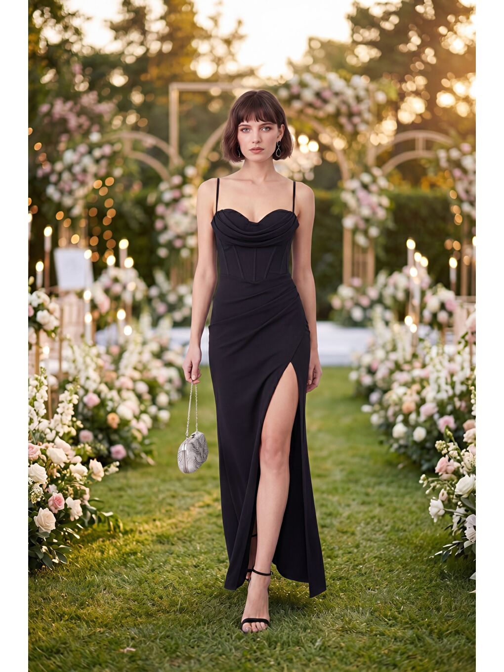 Kadın Siyah Sırt Dekolteki Yırtmaçlı Uzun Davet Elbisesi-4