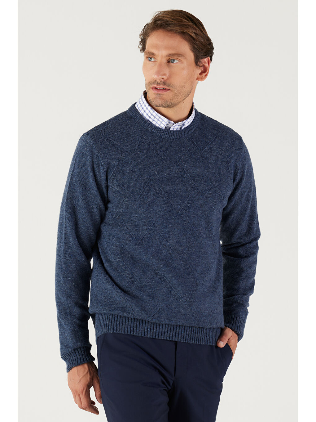 Erkek Havacı Mavi Standart Fit Normal Kesim Bisiklet Yaka Jakarlı Triko Kazak-1