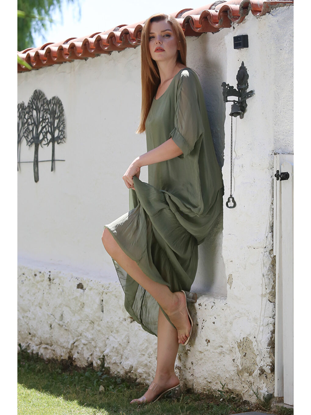 İtalyan Haki Havuz Yaka 3/4 Kol Astarlı Katlı Casual İpek Dokuma Elbise 130 60-5