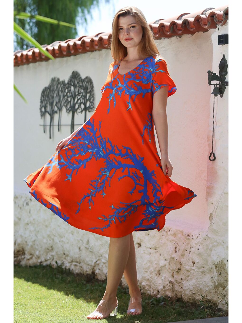 Turuncu-Mavi V Yaka Kısa Kol Desenli Casual Viskon Dokuma Elbise 120 65-4