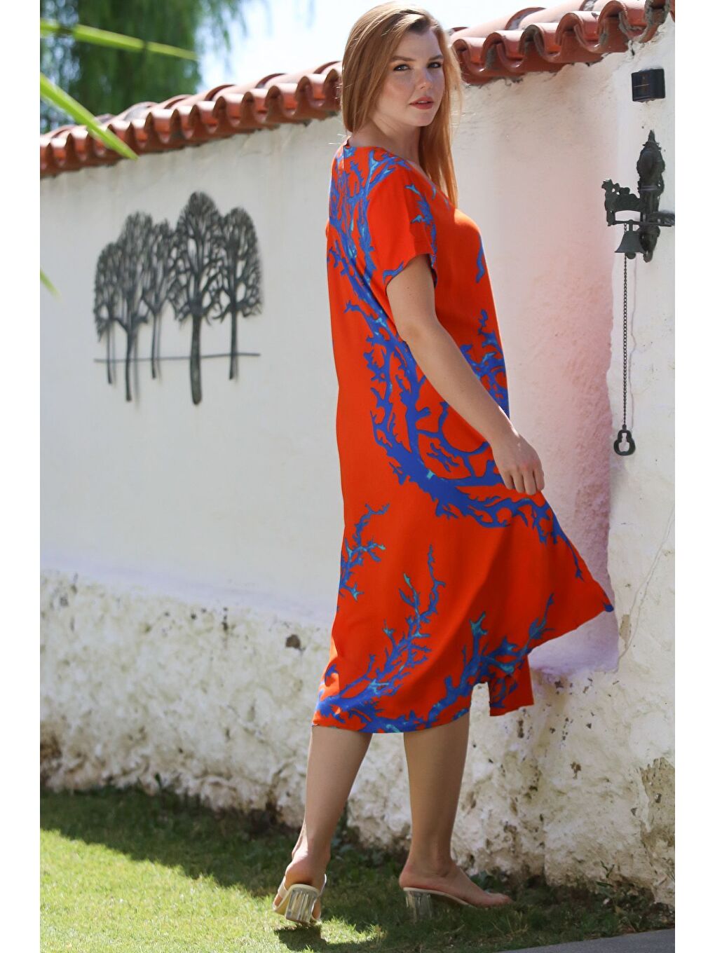 Turuncu-Mavi V Yaka Kısa Kol Desenli Casual Viskon Dokuma Elbise 120 65-5