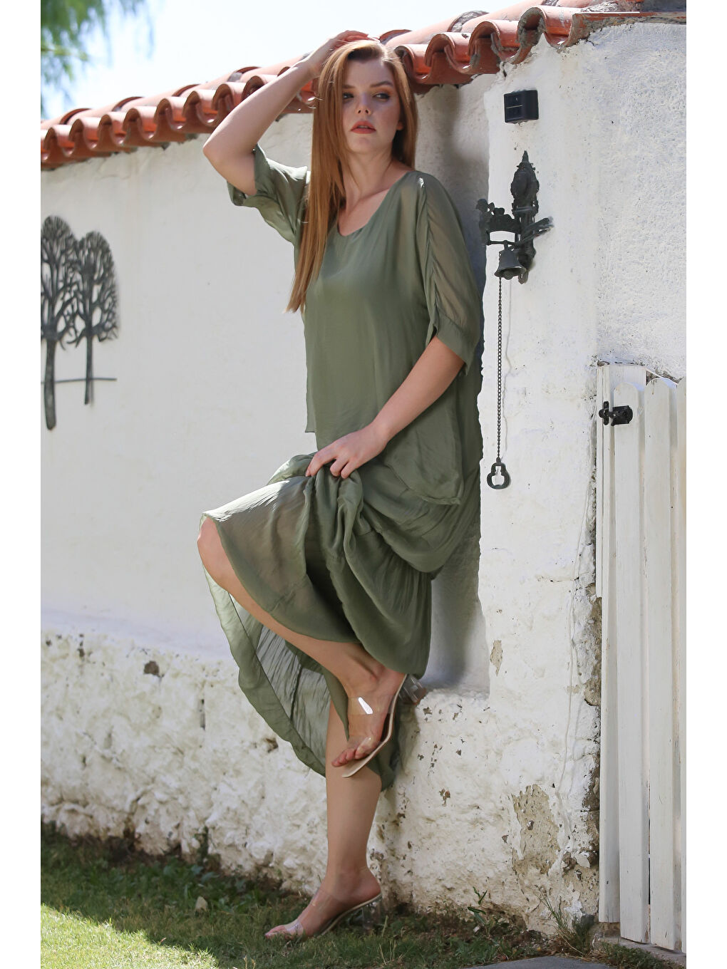 İtalyan Haki Havuz Yaka 3/4 Kol Astarlı Katlı Casual İpek Dokuma Elbise 130 60-6