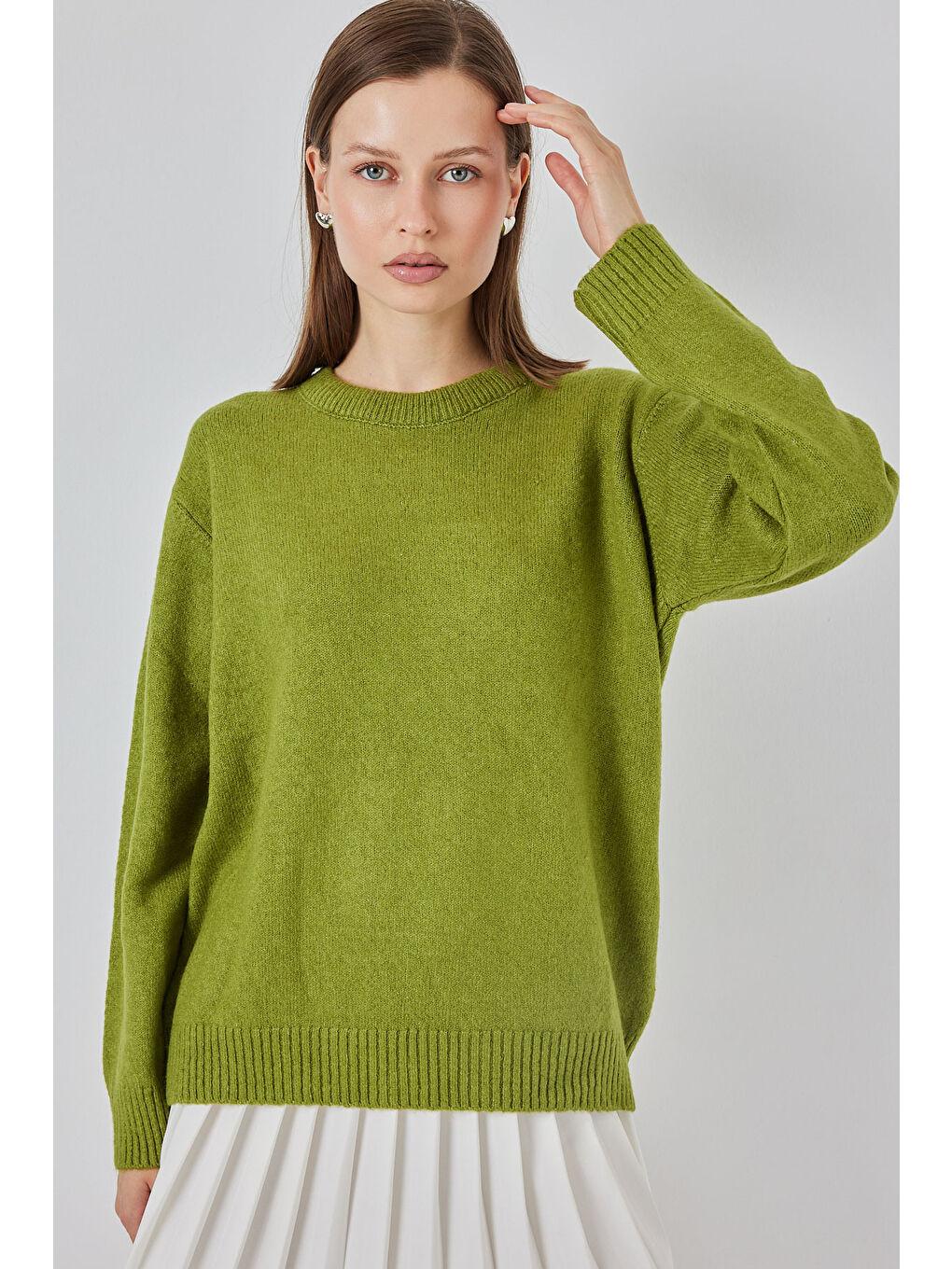 15895 Baklava Desenli Oversize Triko Kazak - D.Yeşil-3