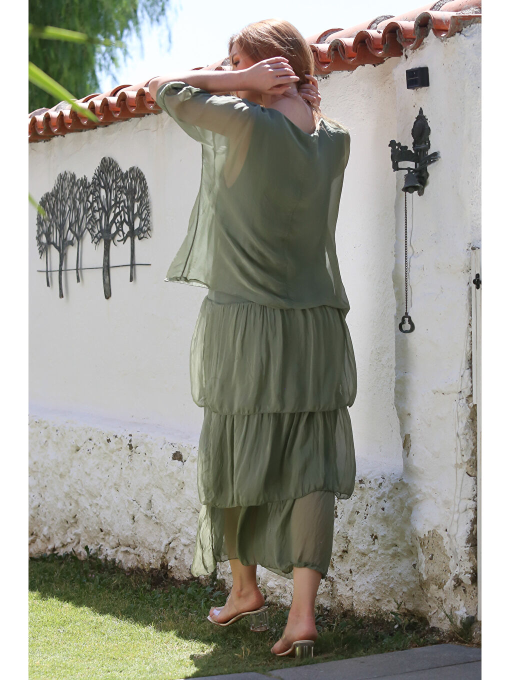 İtalyan Haki Havuz Yaka 3/4 Kol Astarlı Katlı Casual İpek Dokuma Elbise 130 60-7