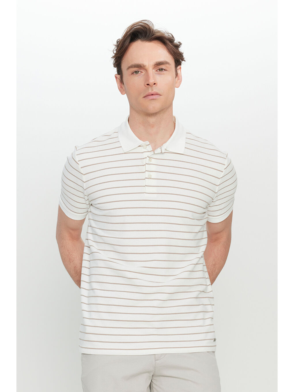 Bej Erkek Beyaz-Vizon Pamuklu Slim Fit Dar Kesim Polo Yaka Tişört-1