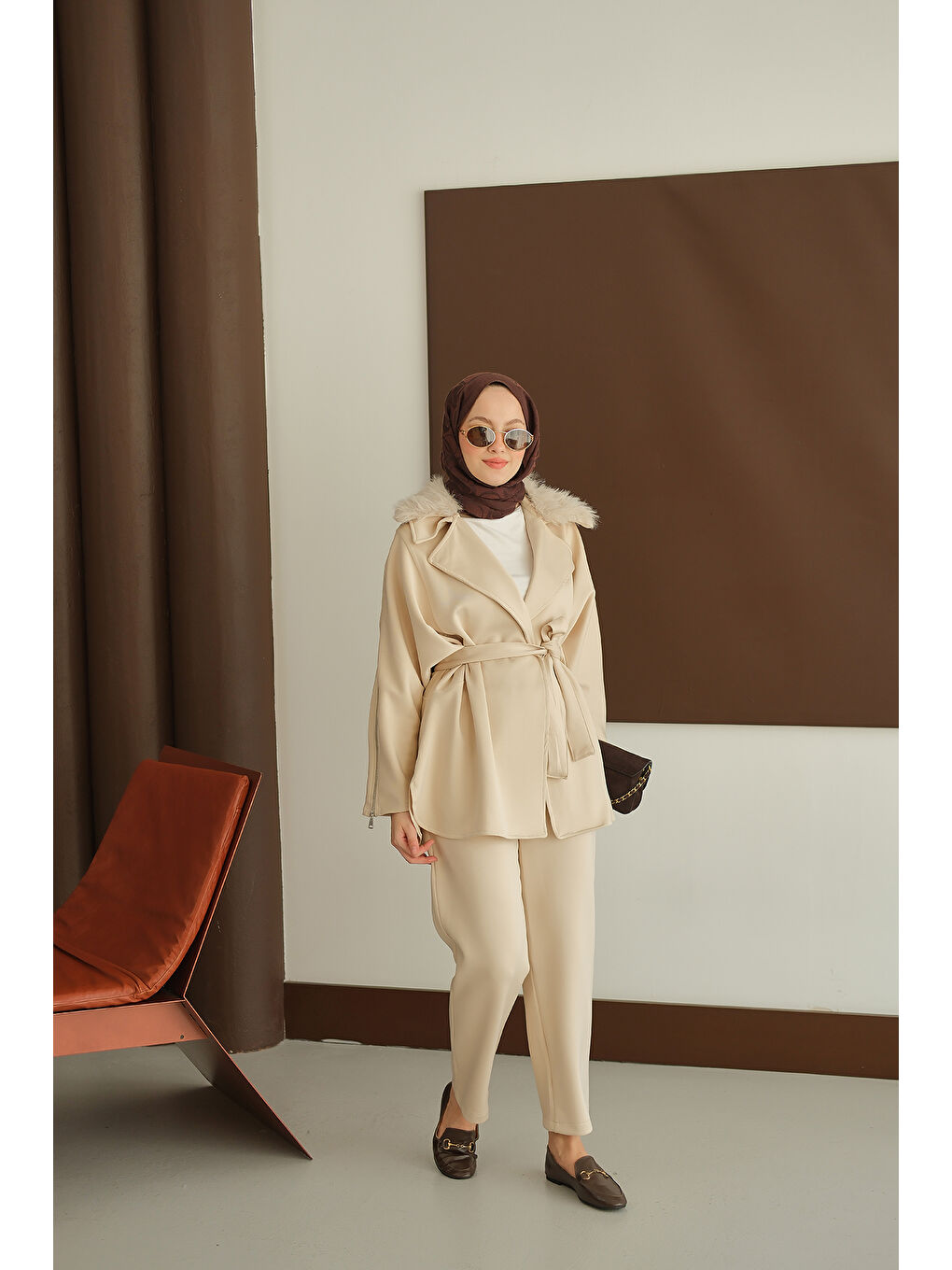 Ekru Kadın Kolları Fermuar Detay Takım Krem