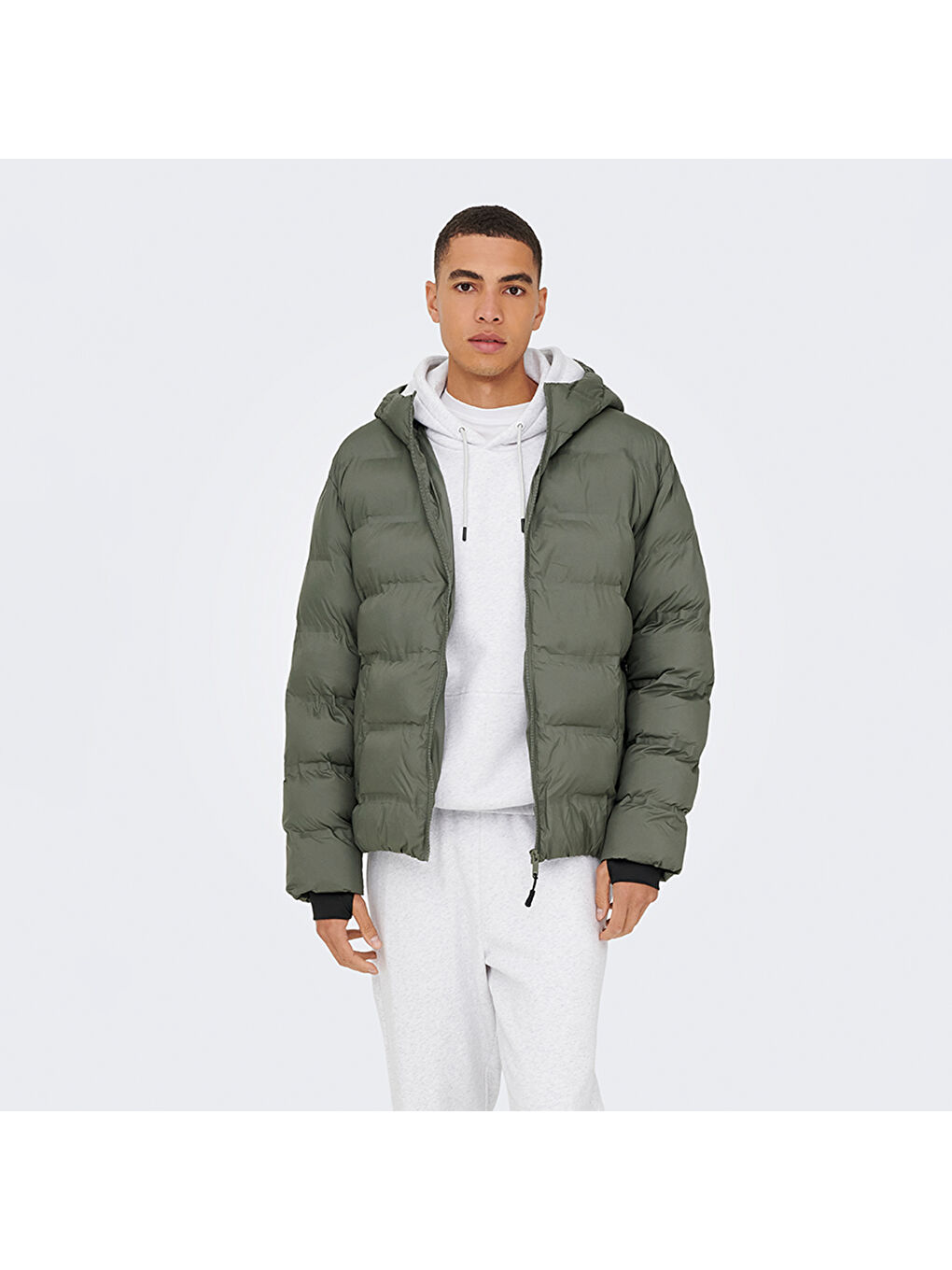 Union Seamless Life Puffer Erkek Gri Kapüşonlu Şişme Mont