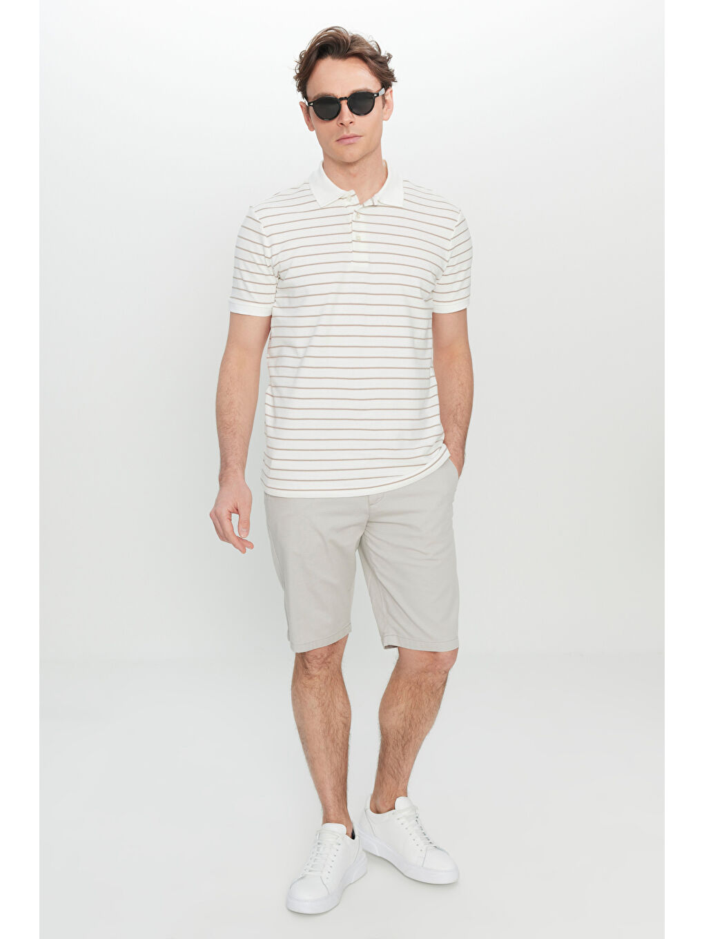 Bej Erkek Beyaz-Vizon Pamuklu Slim Fit Dar Kesim Polo Yaka Tişört-2