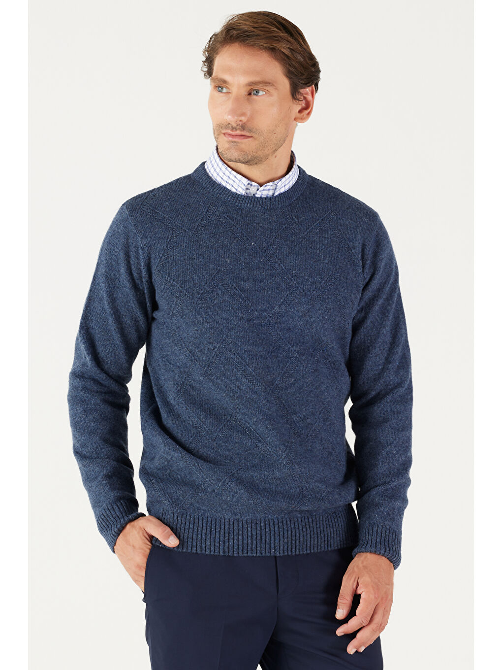 Erkek Havacı Mavi Standart Fit Normal Kesim Bisiklet Yaka Jakarlı Triko Kazak-2