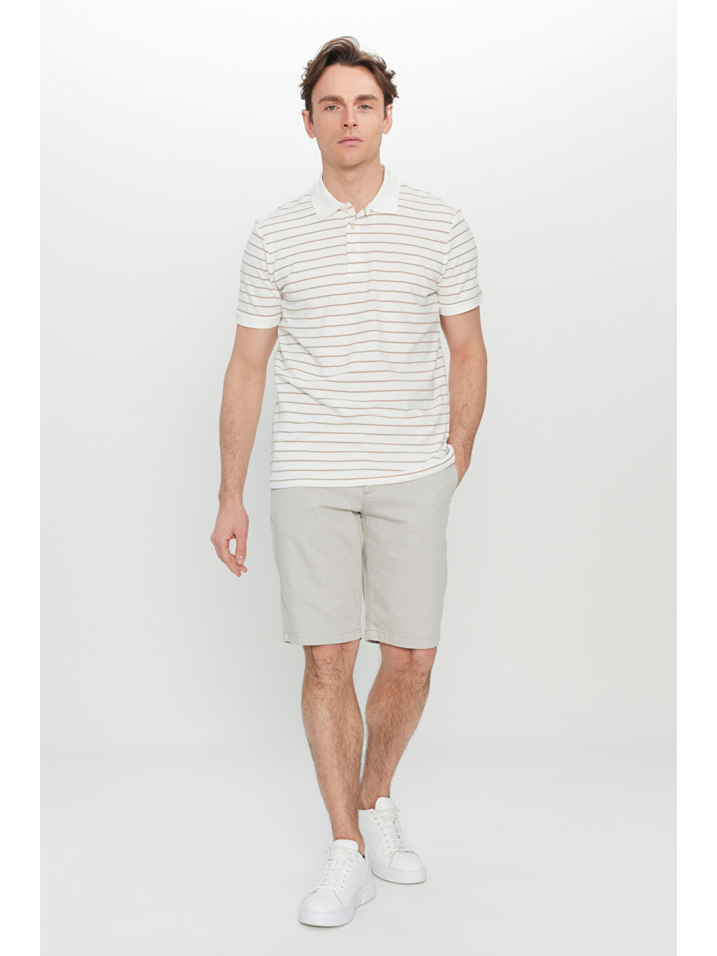 Bej Erkek Beyaz-Vizon Pamuklu Slim Fit Dar Kesim Polo Yaka Tişört-3