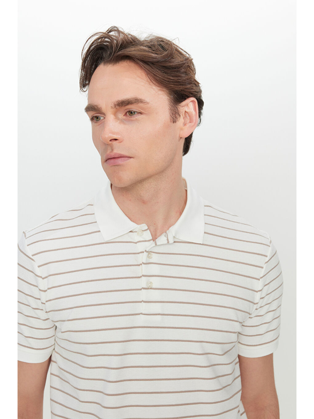 Bej Erkek Beyaz-Vizon Pamuklu Slim Fit Dar Kesim Polo Yaka Tişört-4