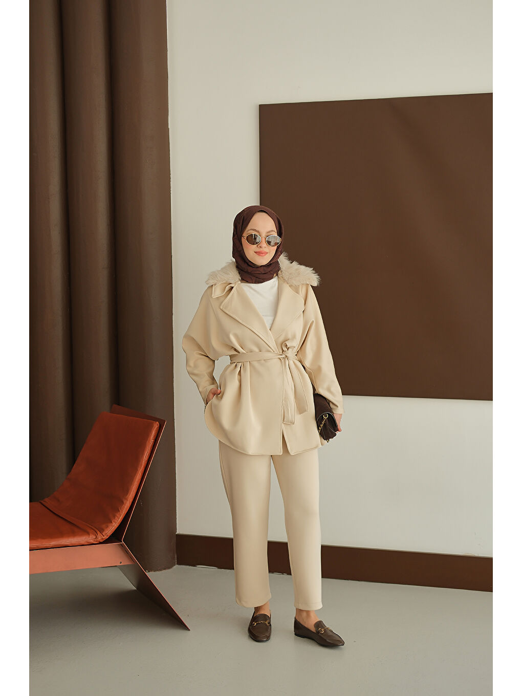 Ekru Kadın Kolları Fermuar Detay Takım Krem-1