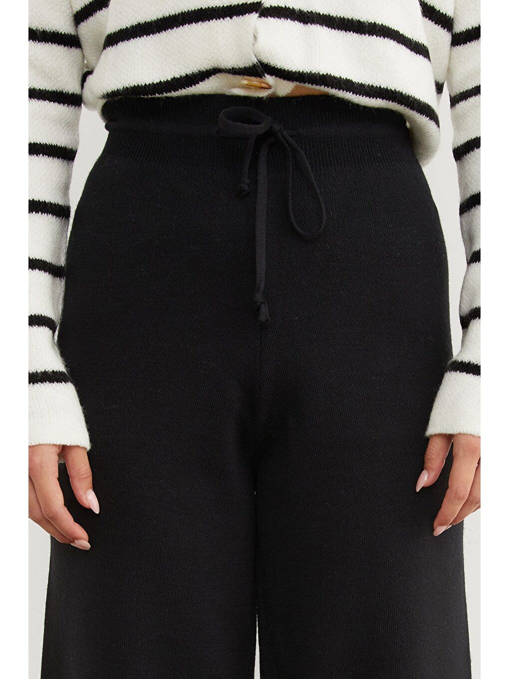 Siyah Beli Lastikli Palazzo Triko Pantolon-2