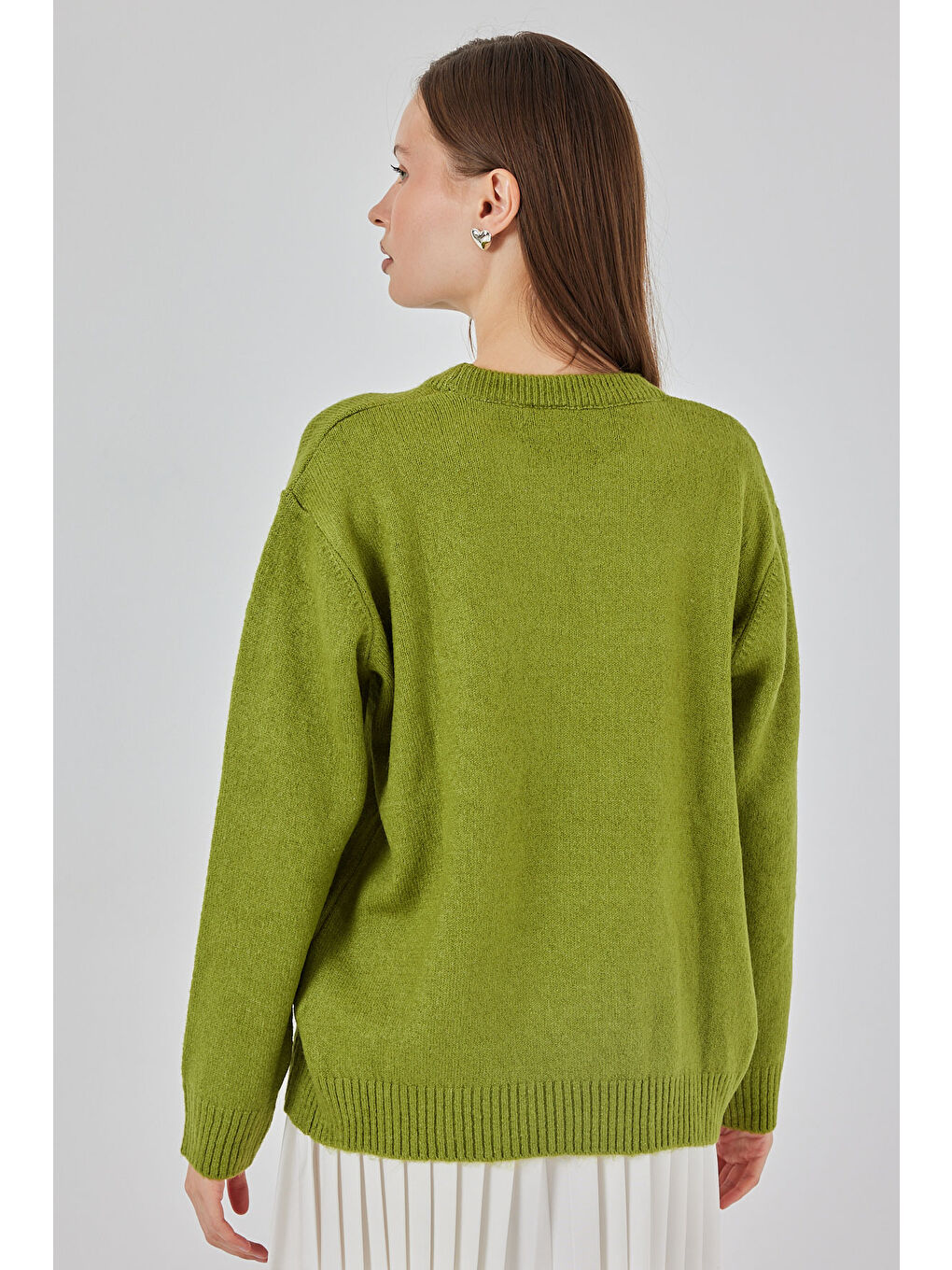 15895 Baklava Desenli Oversize Triko Kazak - D.Yeşil-5