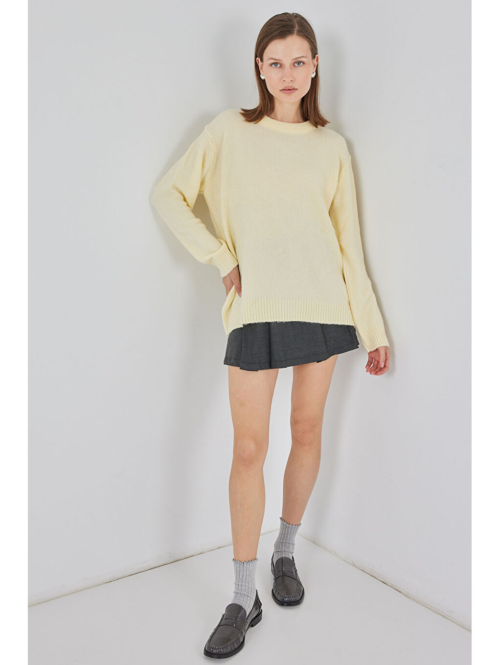 15895 Baklava Desenli Oversize Triko Kazak - A.Sarı-1