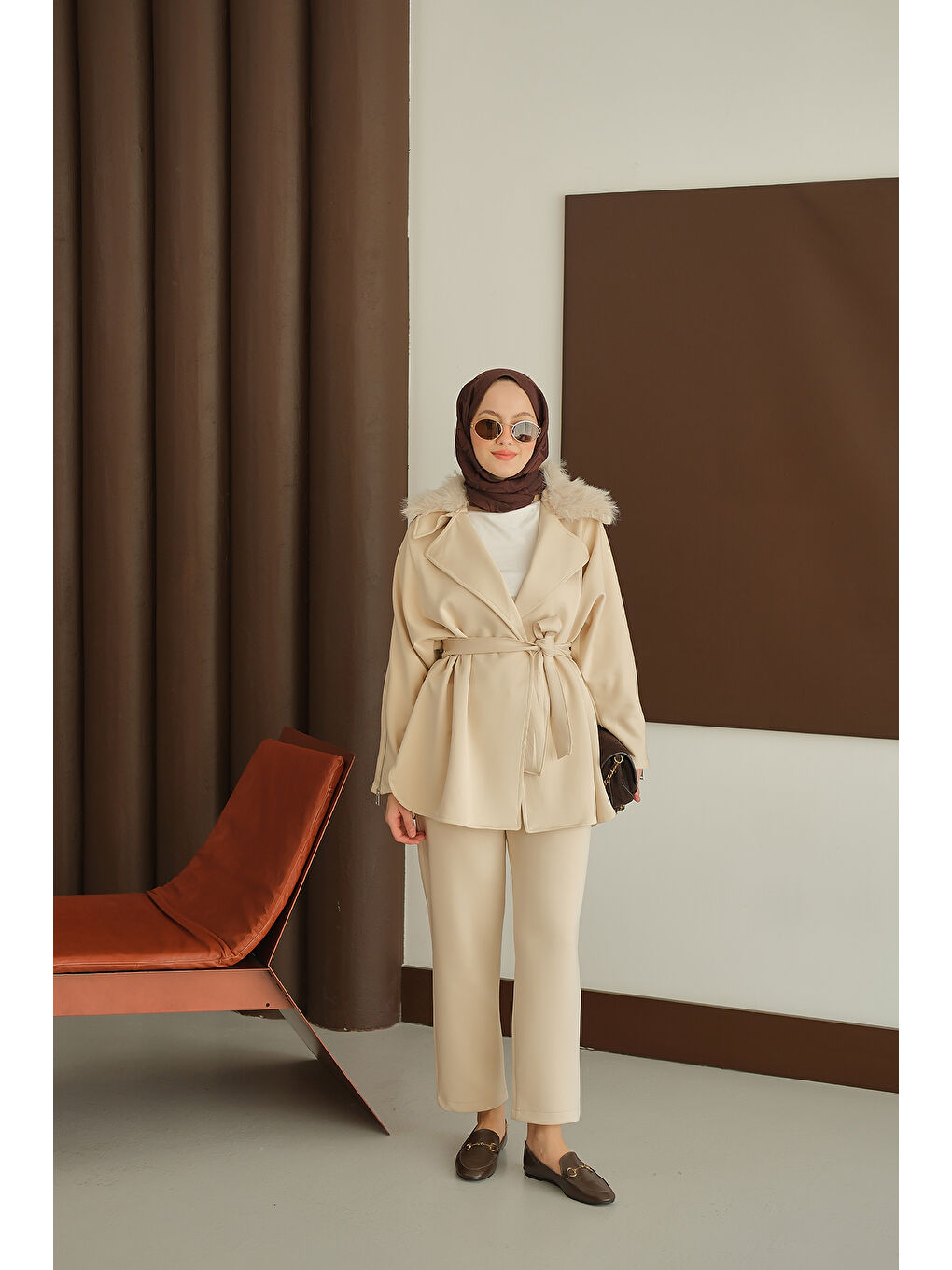 Ekru Kadın Kolları Fermuar Detay Takım Krem-2