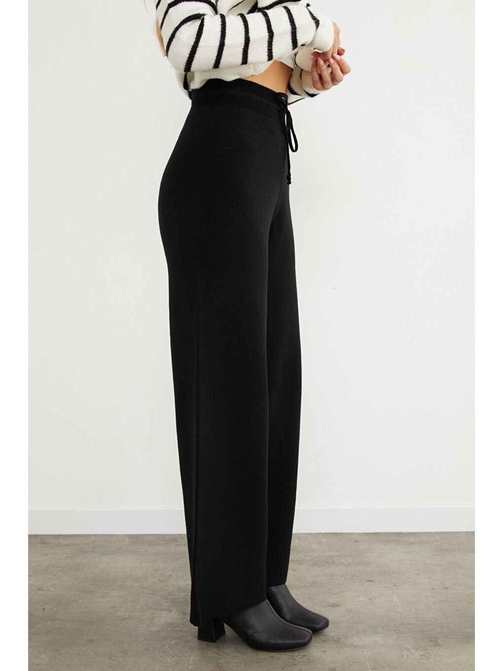 Siyah Beli Lastikli Palazzo Triko Pantolon-4