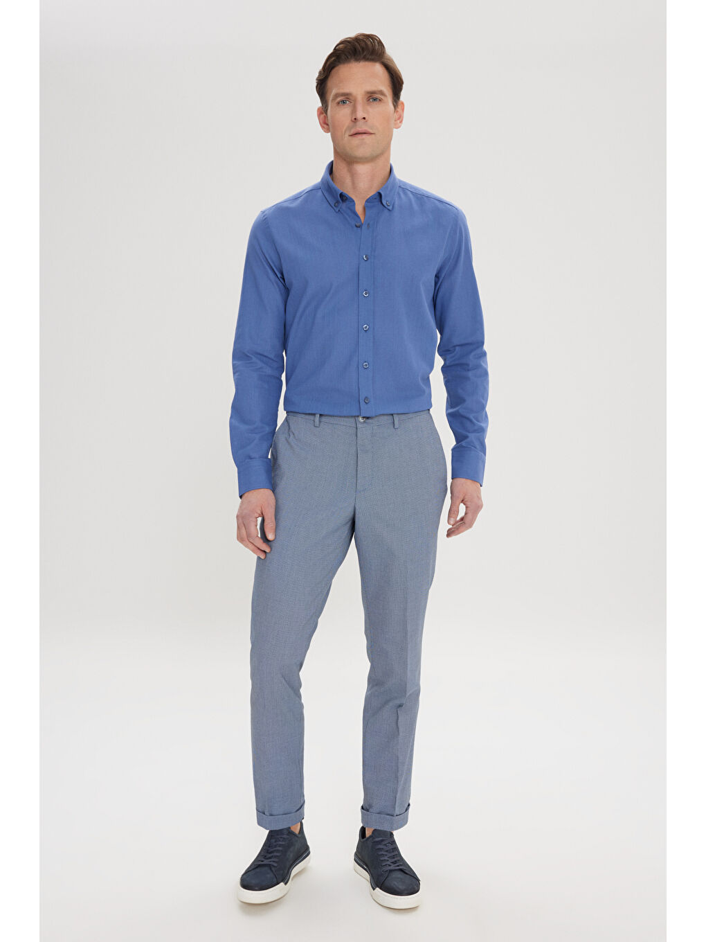 Erkek Koyu Mavi-Mavi Slim Fit Dar Kesim Yan Cepli Desenli Beli Lastikli Pantolon-2