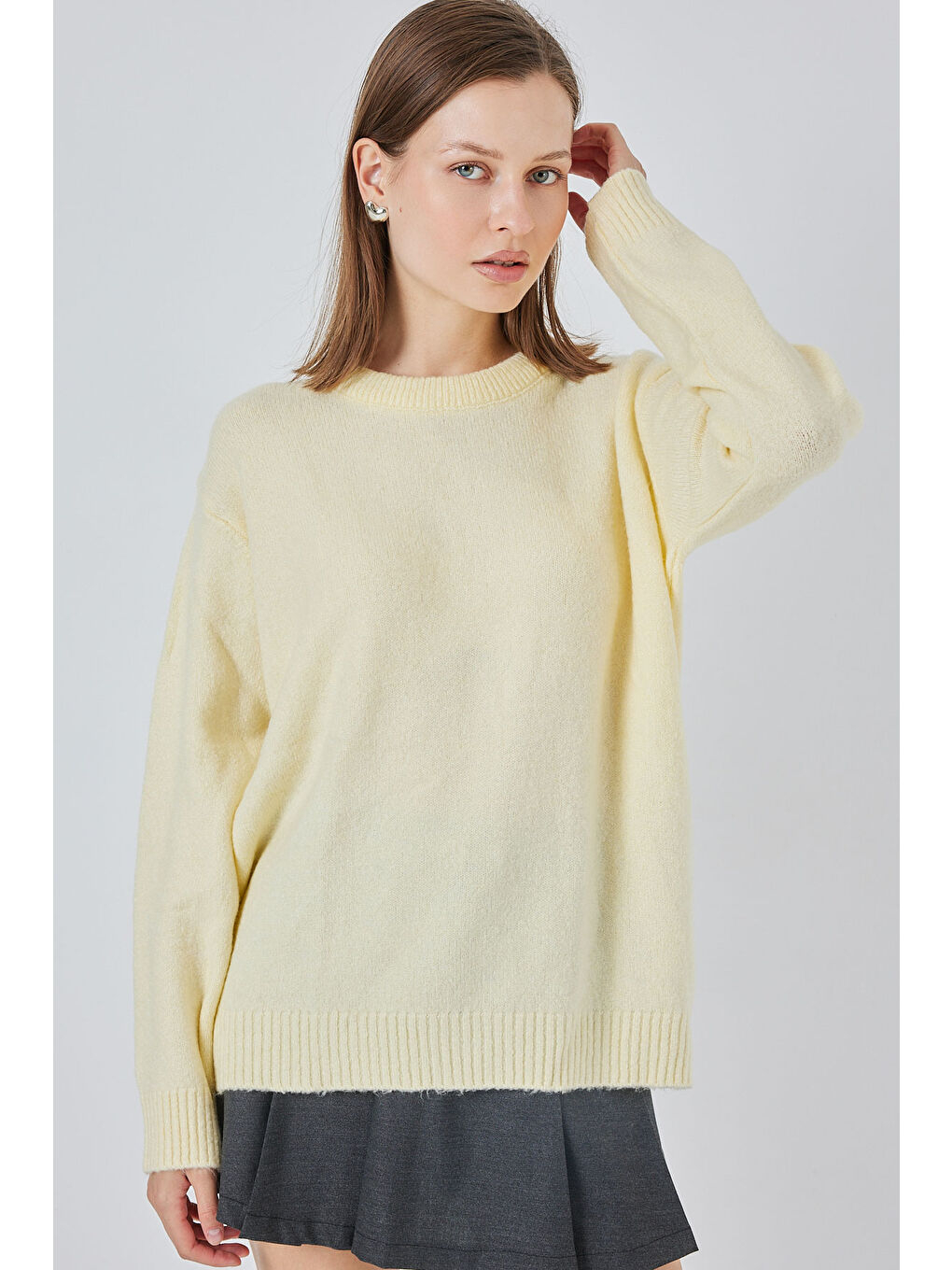 15895 Baklava Desenli Oversize Triko Kazak - A.Sarı-2