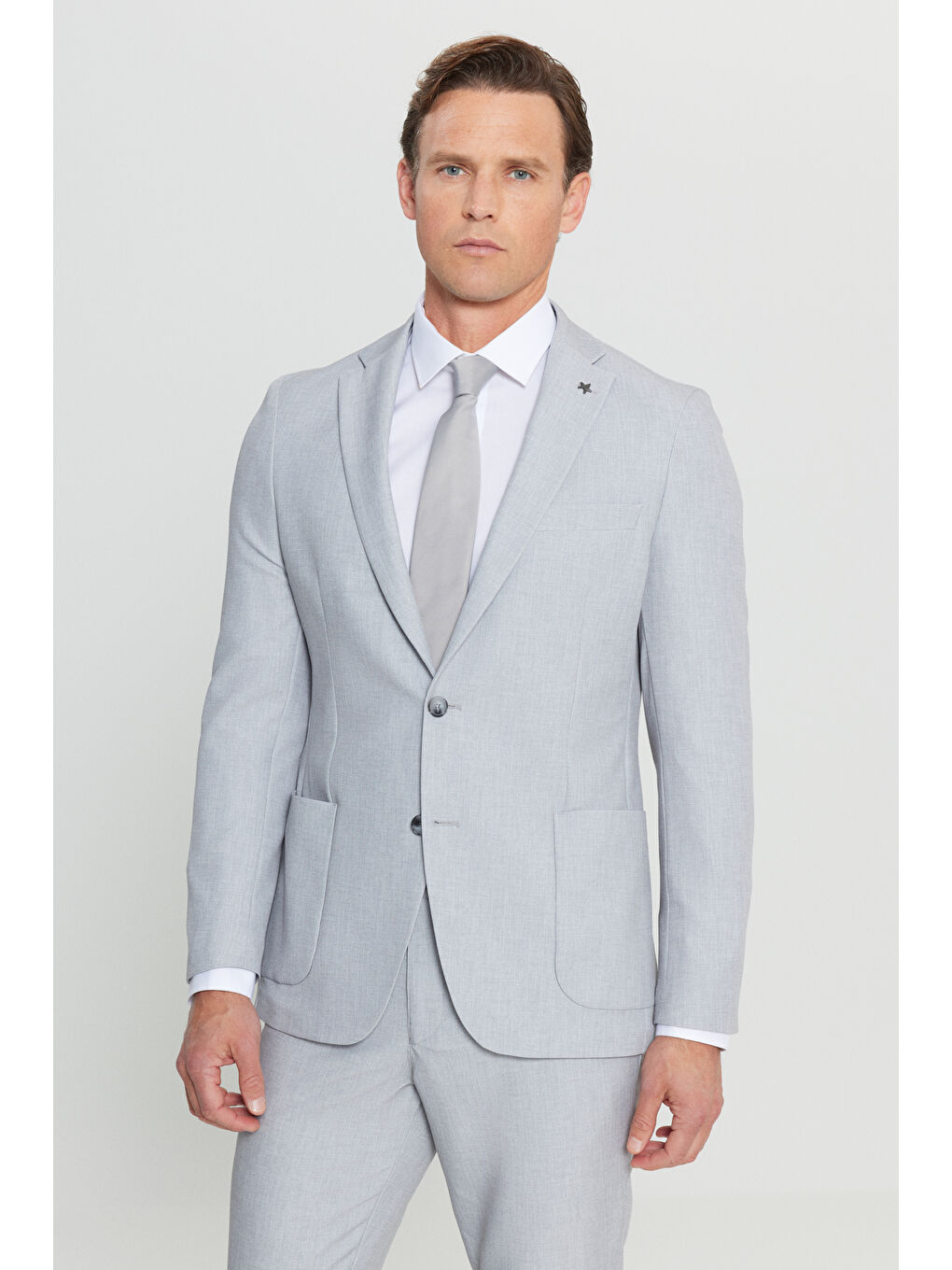 Erkek Gri Taşıma Torbalı Slim Fit Dar Kesim Kırlangıç Yaka Beli Bağlamalı Takım Elbise