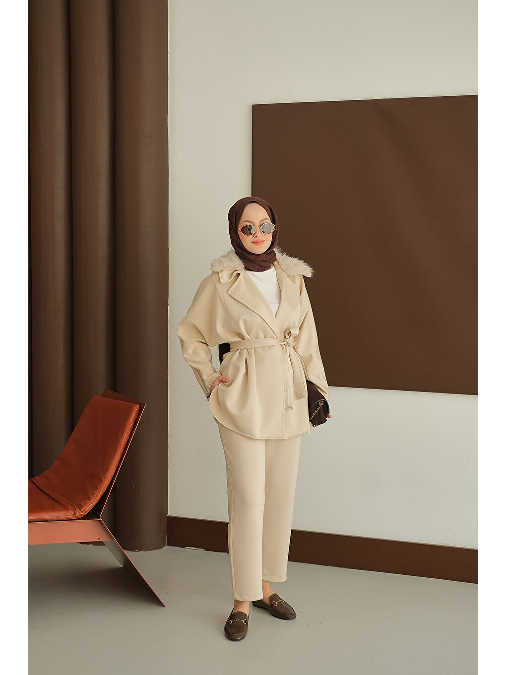 Ekru Kadın Kolları Fermuar Detay Takım Krem-3