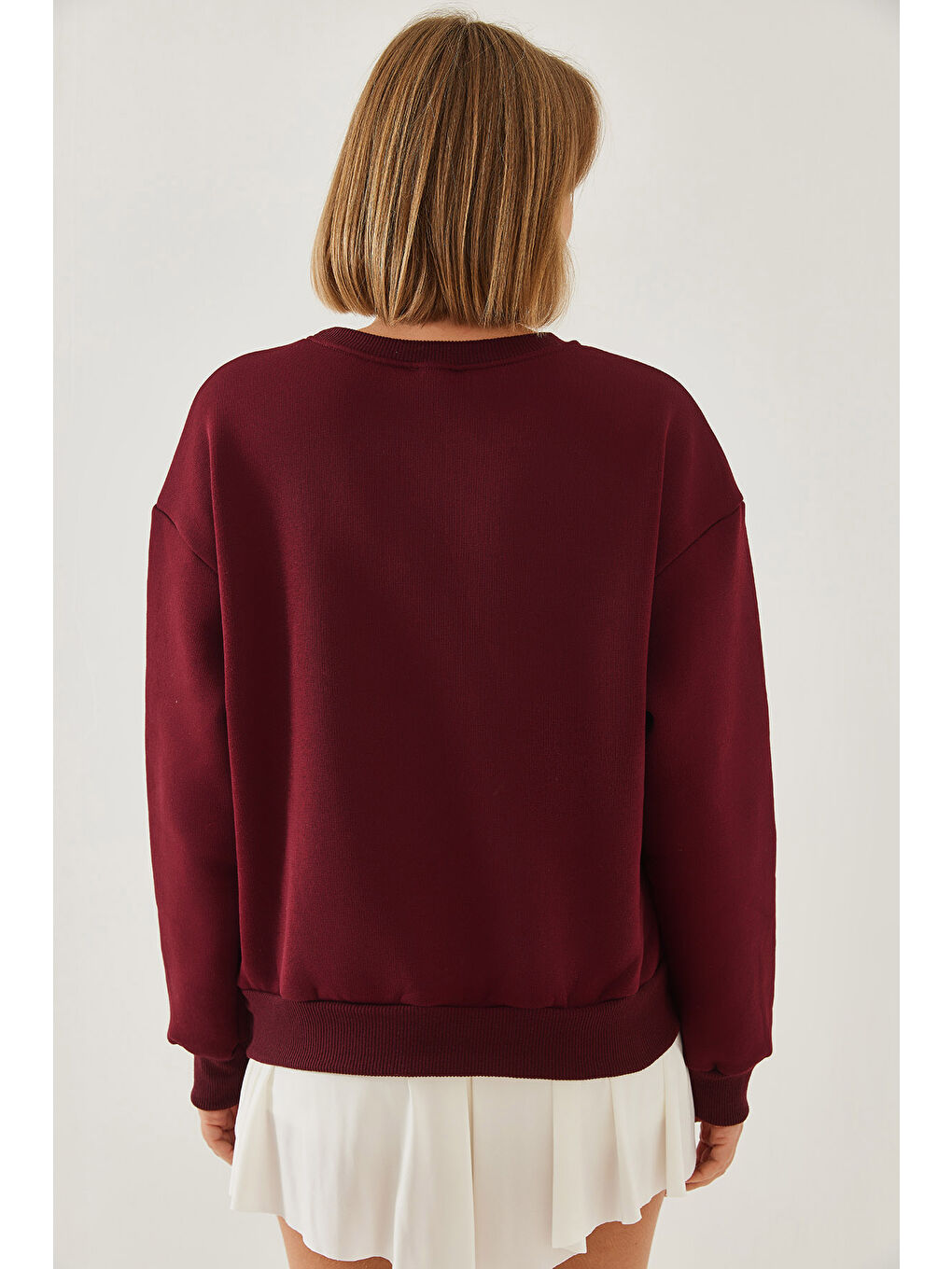 Bordo Kadın Baskılı Kalp Detaylı Bisiklet Yaka İplik Şardonlu Sweatshirt-1