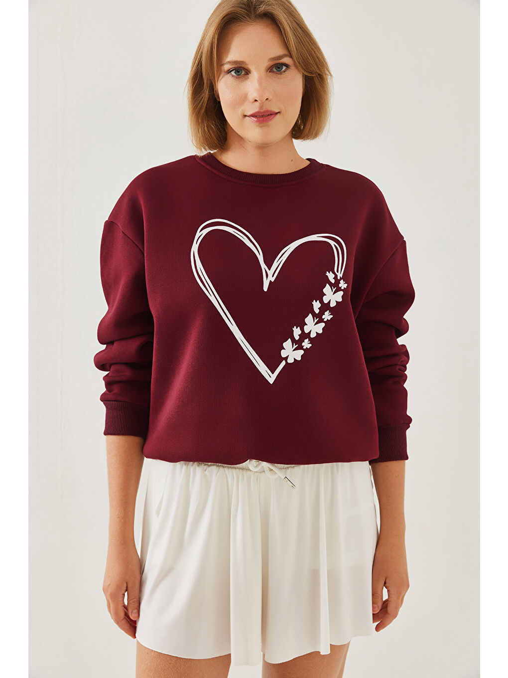 Bordo Kadın Baskılı Kalp Detaylı Bisiklet Yaka İplik Şardonlu Sweatshirt-2