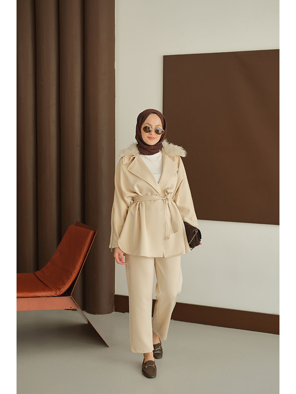 Ekru Kadın Kolları Fermuar Detay Takım Krem-4