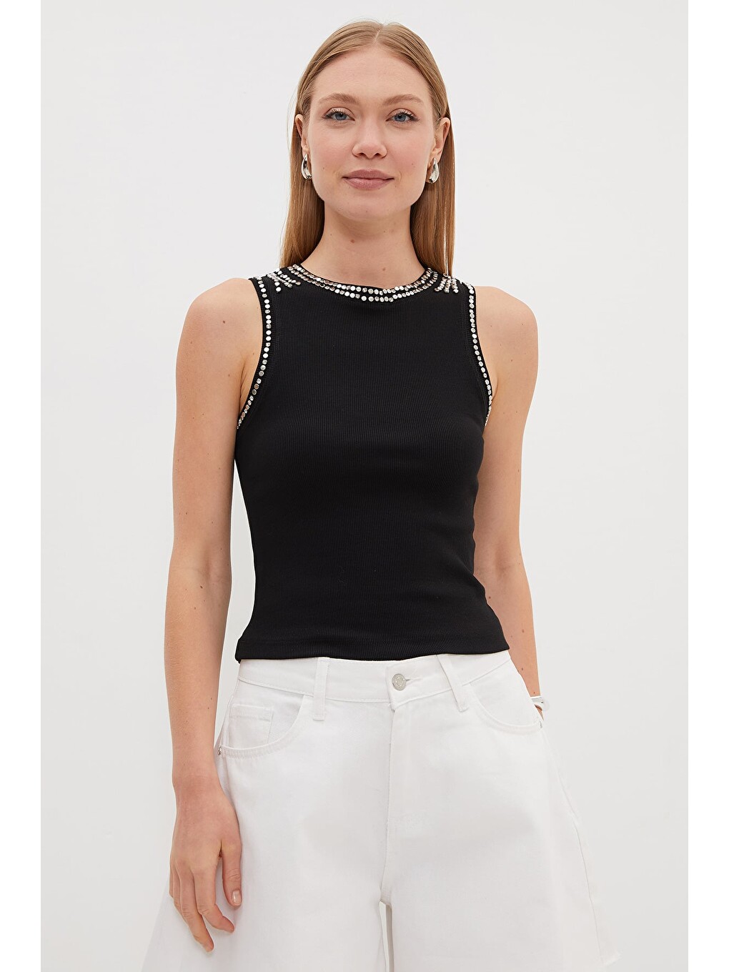 Siyah Taşlı Fitilli Bisiklet Yaka Slim Fit Bluz-3