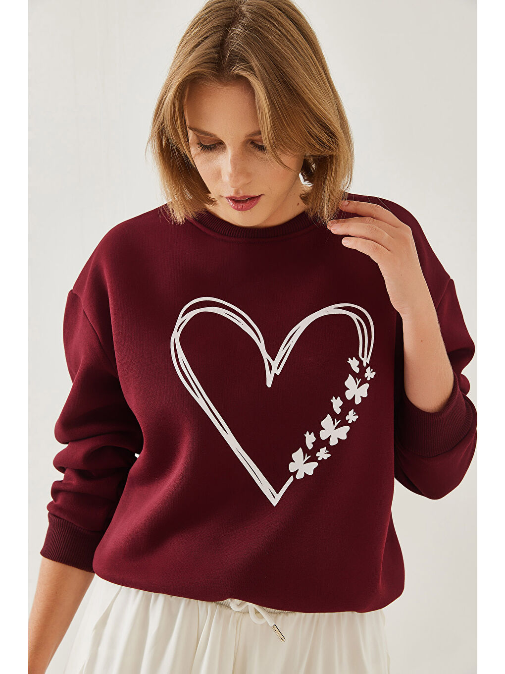 Bordo Kadın Baskılı Kalp Detaylı Bisiklet Yaka İplik Şardonlu Sweatshirt-3
