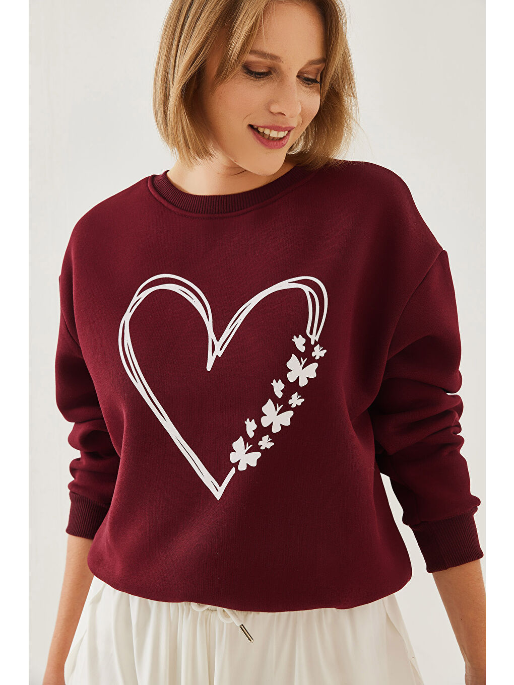 Bordo Kadın Baskılı Kalp Detaylı Bisiklet Yaka İplik Şardonlu Sweatshirt-4