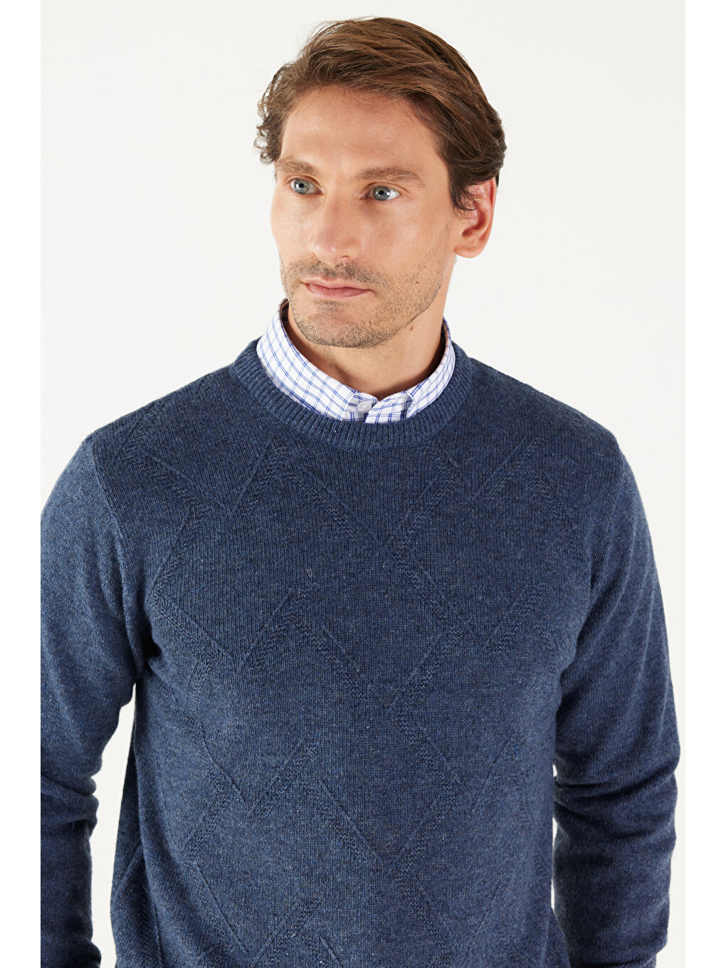 Erkek Havacı Mavi Standart Fit Normal Kesim Bisiklet Yaka Jakarlı Triko Kazak-3